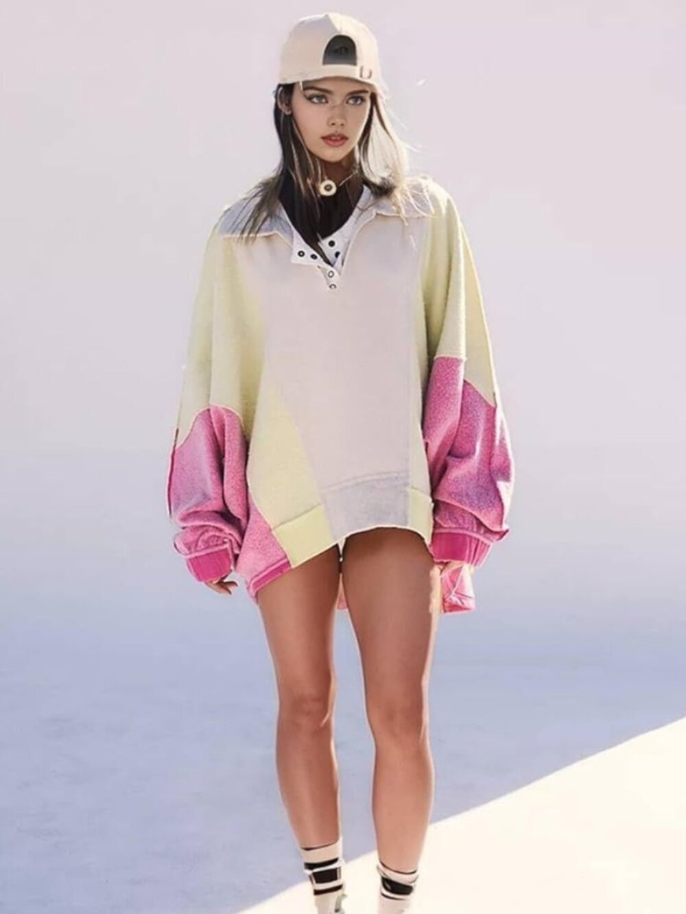 Free People Sidewalk Sweatshirt V Neck Dolman Sleeve Colorblock Top S